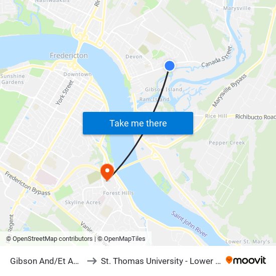 Gibson And/Et Ashfield to St. Thomas University - Lower Campus map