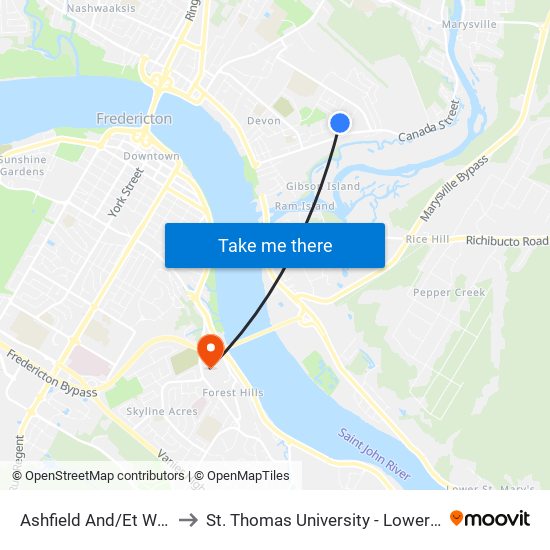 Ashfield And/Et Weyman to St. Thomas University - Lower Campus map