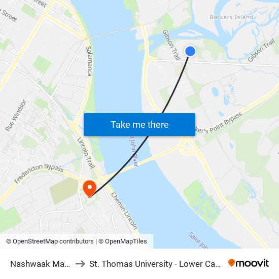 Nashwaak Manor to St. Thomas University - Lower Campus map