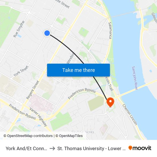 York And/Et Connaught to St. Thomas University - Lower Campus map