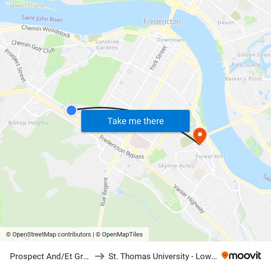 Prospect And/Et Greenfields to St. Thomas University - Lower Campus map