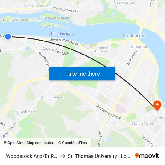 Woodstock And/Et Rosewood to St. Thomas University - Lower Campus map