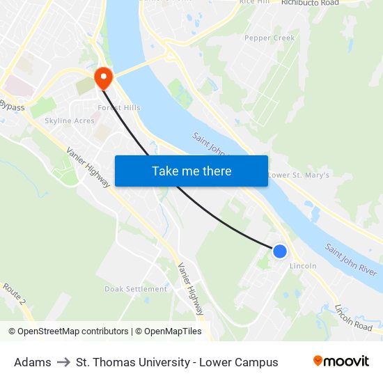 Adams to St. Thomas University - Lower Campus map