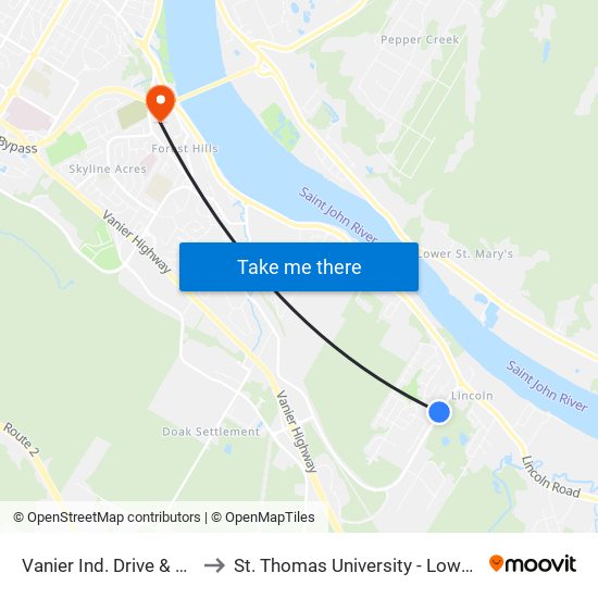 Vanier Ind. Drive & Goodine to St. Thomas University - Lower Campus map