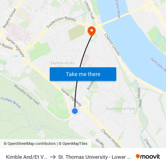 Kimble And/Et Vanier to St. Thomas University - Lower Campus map