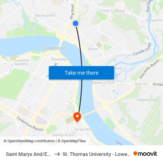 Saint Marys And/Et Maple to St. Thomas University - Lower Campus map