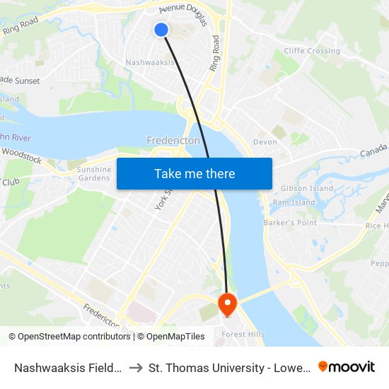 Nashwaaksis Field House to St. Thomas University - Lower Campus map