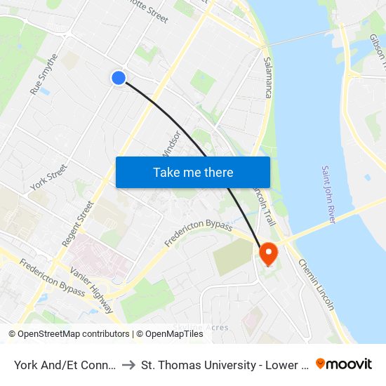 York And/Et Connaught to St. Thomas University - Lower Campus map