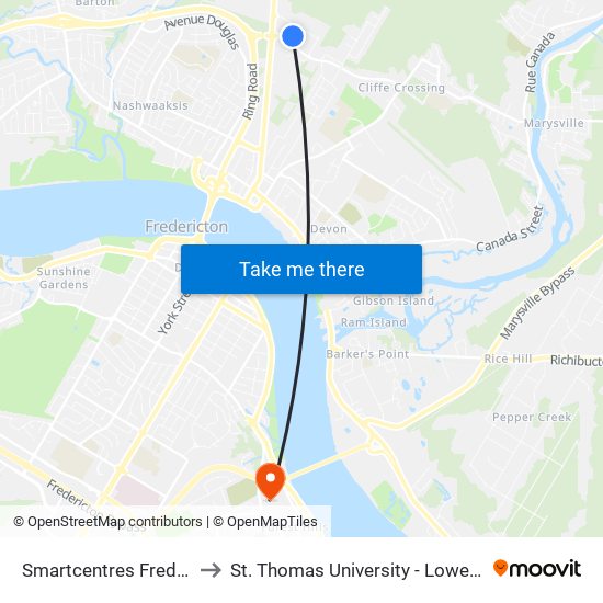 Smartcentres Fredericton to St. Thomas University - Lower Campus map