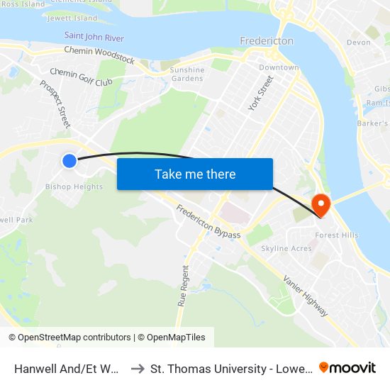 Hanwell And/Et Woodside to St. Thomas University - Lower Campus map