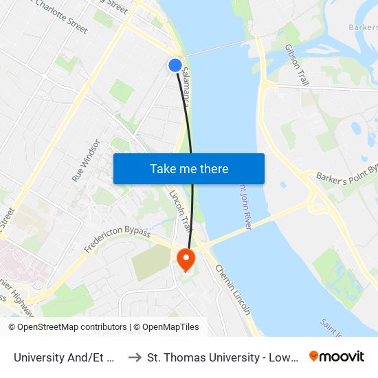 University And/Et Waterloo to St. Thomas University - Lower Campus map