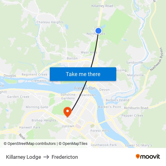 Killarney Lodge to Fredericton map