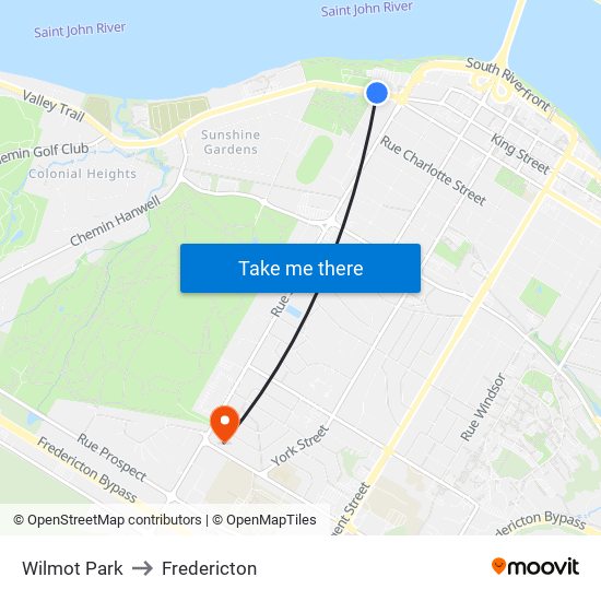 Wilmot Park to Fredericton map