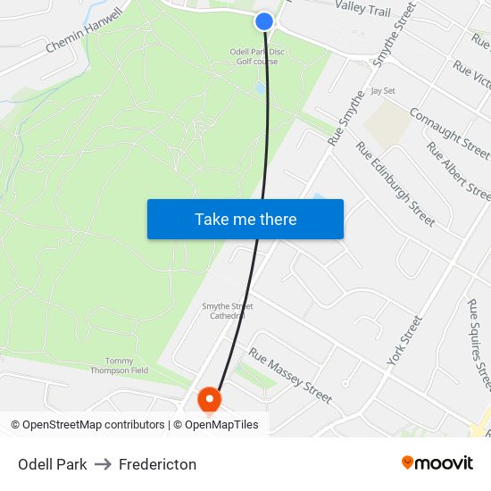 Odell Park to Fredericton map