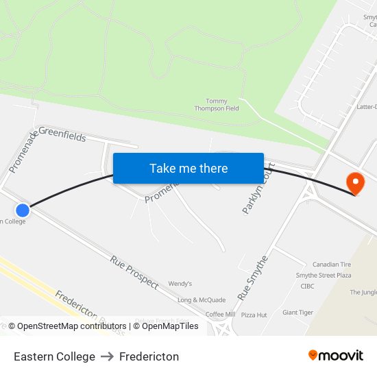 Eastern College to Fredericton map