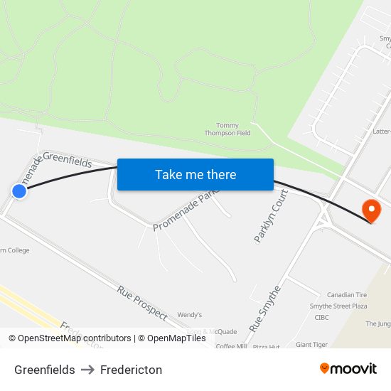 Greenfields to Fredericton map