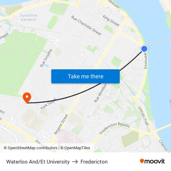 Waterloo And/Et University to Fredericton map