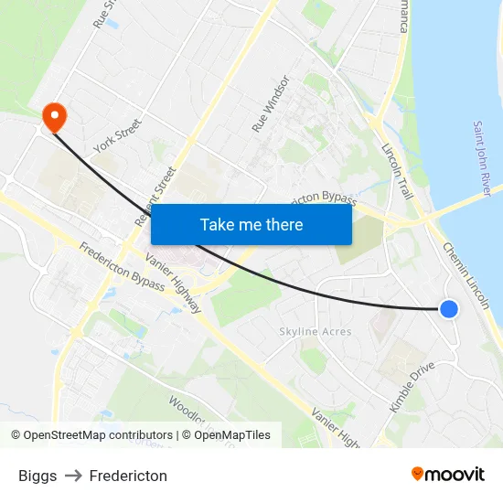 Biggs to Fredericton map