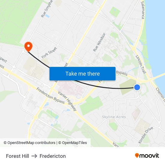 Forest Hill to Fredericton map