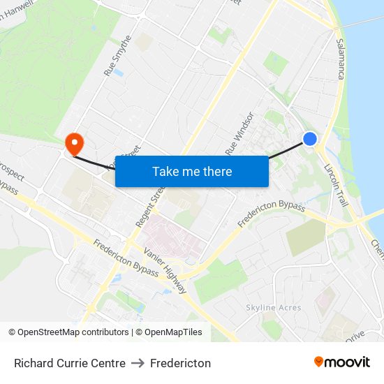 Richard Currie Centre to Fredericton map