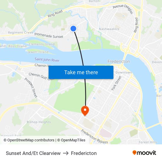 Sunset And/Et Clearview to Fredericton map