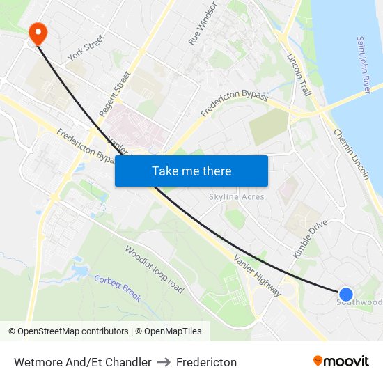 Wetmore And/Et Chandler to Fredericton map