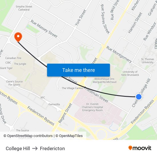 College Hill to Fredericton map