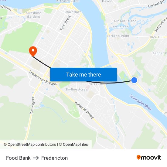 Food Bank to Fredericton map