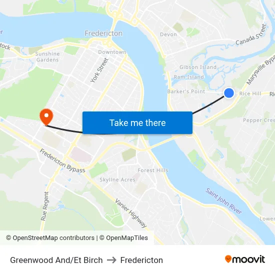 Greenwood And/Et Birch to Fredericton map