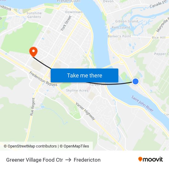 Greener Village Food Ctr to Fredericton map