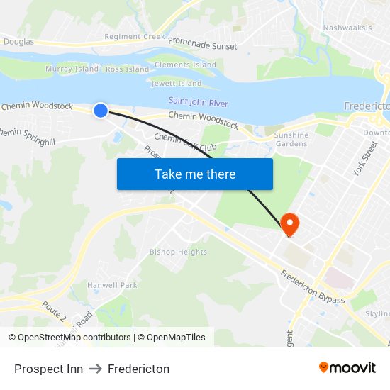 Prospect Inn to Fredericton map