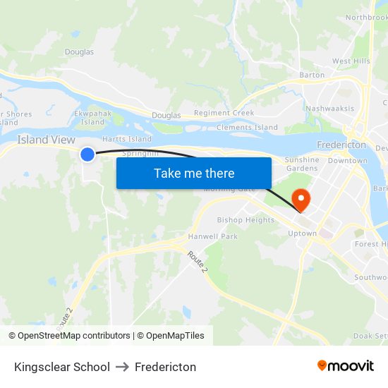 Kingsclear School to Fredericton map