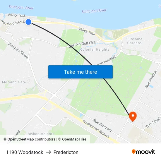 1190 Woodstock to Fredericton map