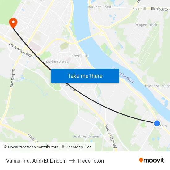 Vanier Ind. And/Et Lincoln to Fredericton map