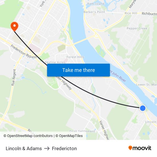 Lincoln & Adams to Fredericton map