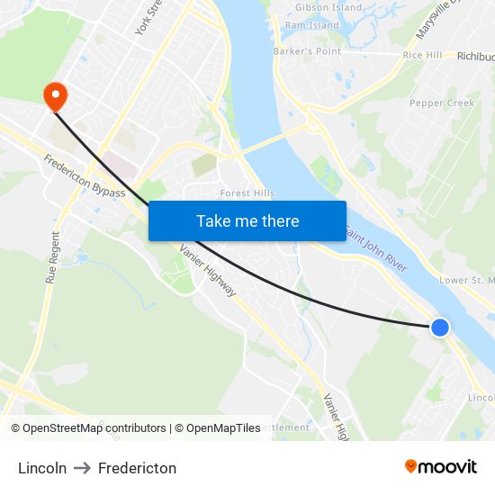 Lincoln to Fredericton map