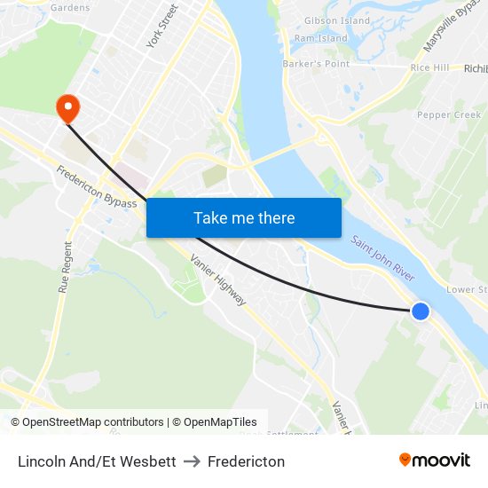 Lincoln And/Et Wesbett to Fredericton map