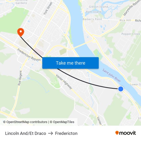 Lincoln And/Et Draco to Fredericton map