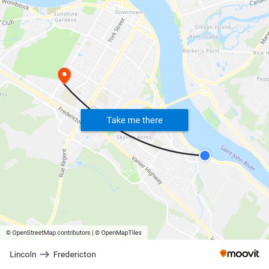 Lincoln to Fredericton map