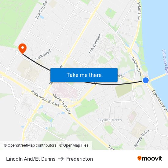 Lincoln And/Et Dunns to Fredericton map