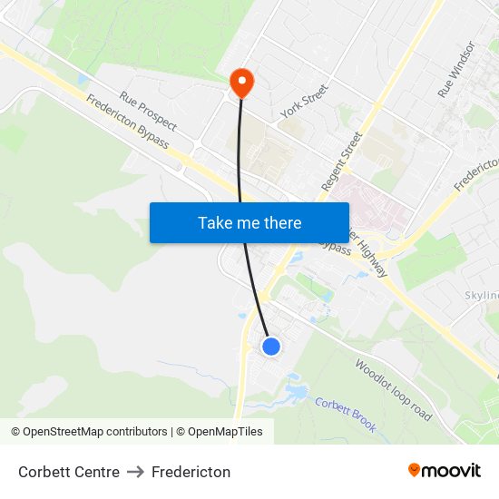 Corbett Centre to Fredericton map