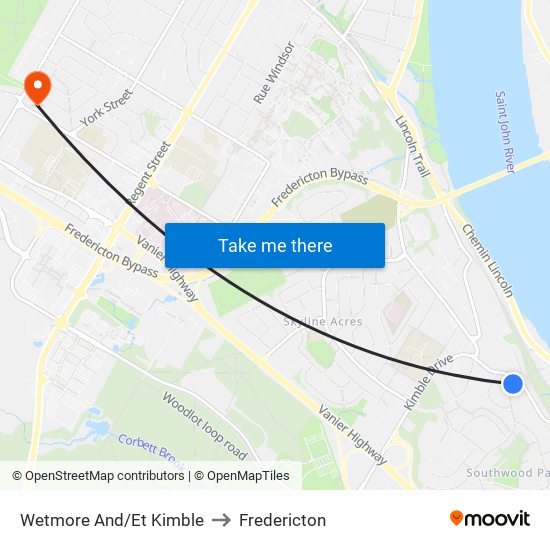 Wetmore And/Et Kimble to Fredericton map