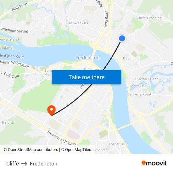 Cliffe to Fredericton map