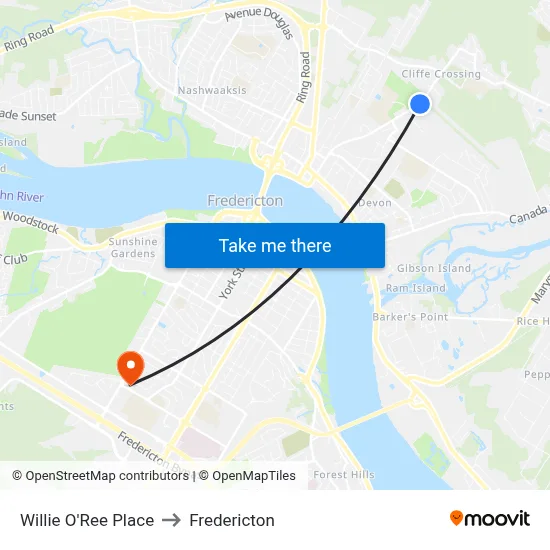 Willie O'Ree Place to Fredericton map