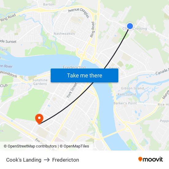 Cook's Landing to Fredericton map