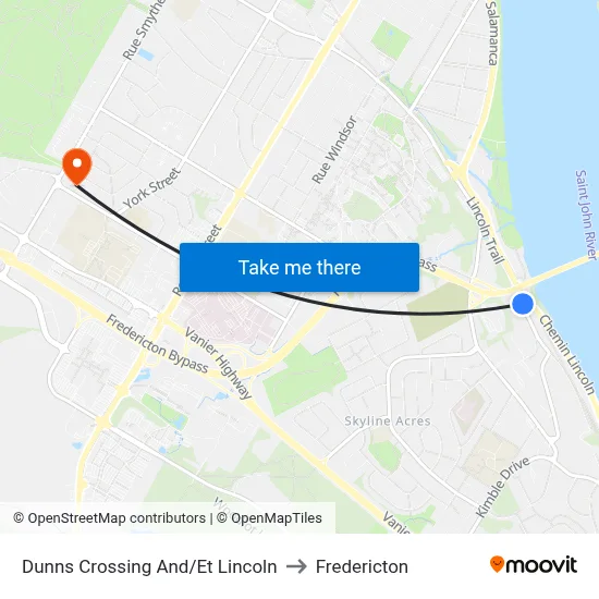 Dunns Crossing And/Et Lincoln to Fredericton map