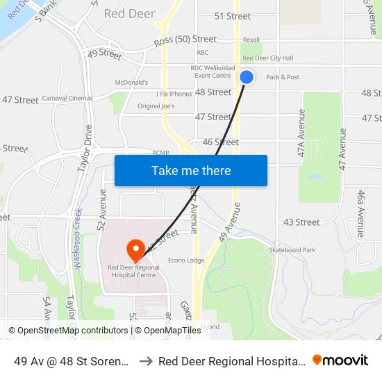 49 Av @ 48 St Sorensen Stn to Red Deer Regional Hospital Centre map