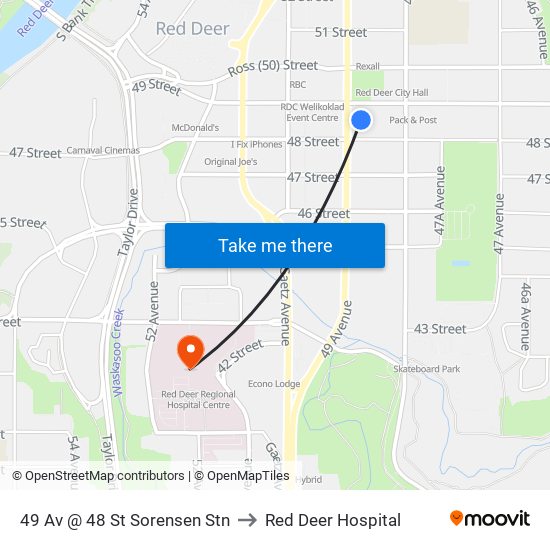 49 Av @ 48 St Sorensen Stn to Red Deer Hospital map