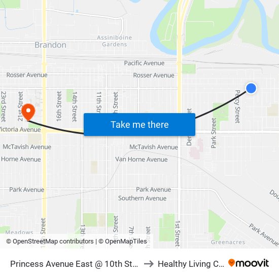 Princess Avenue East @ 10th Street East to Healthy Living Centre map