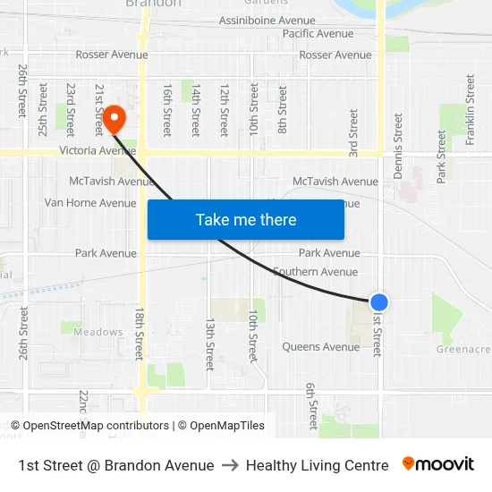 1st Street @ Brandon Avenue to Healthy Living Centre map